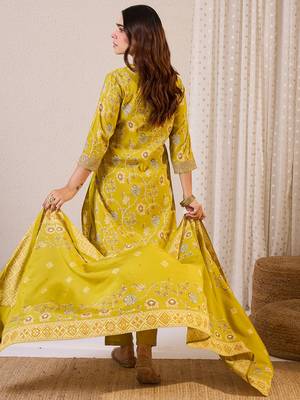 Olive printed chanderi silk kurta trouser dupatta set 2