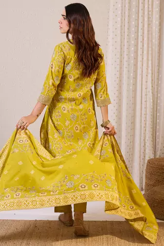 Olive printed chanderi silk kurta trouser dupatta set
