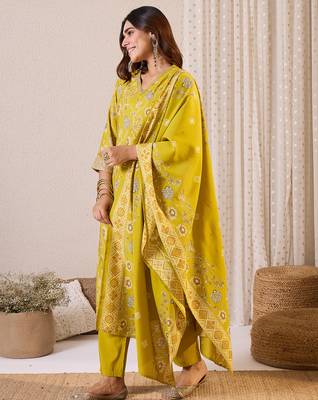 Olive printed chanderi silk kurta trouser dupatta set 3