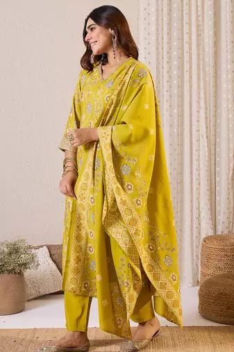 Olive printed chanderi silk kurta trouser dupatta set