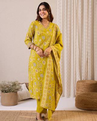 Olive printed chanderi silk kurta trouser dupatta set 4