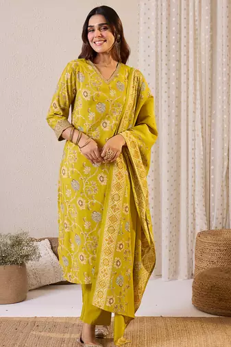 Olive printed chanderi silk kurta trouser dupatta set