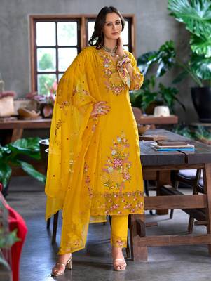 Yellow embroidered pure cotton kurta trouser dupatta set 2