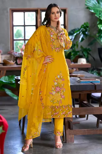 Yellow embroidered pure cotton kurta trouser dupatta set