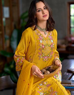 Yellow embroidered pure cotton kurta trouser dupatta set 4