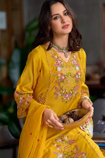 Yellow embroidered pure cotton kurta trouser dupatta set