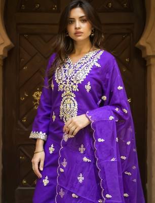 Purple embroidered silk kurta trouser dupatta set 1
