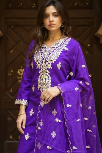 Purple embroidered silk kurta trouser dupatta set