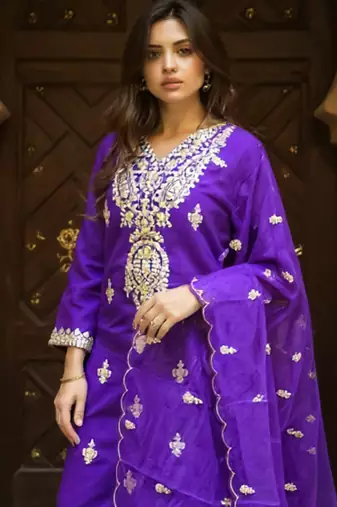 Purple embroidered silk kurta trouser dupatta set