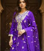 Purple embroidered silk kurta trouser dupatta set