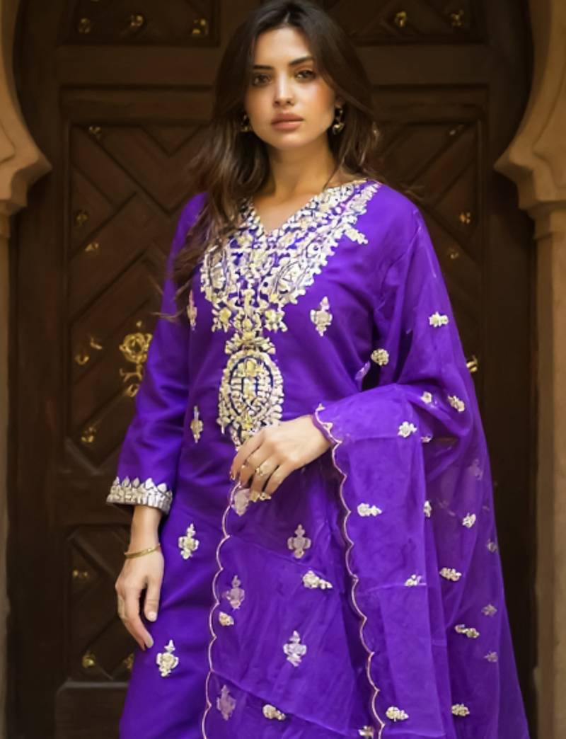 Purple embroidered silk kurta trouser dupatta set