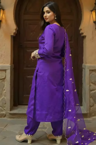 Purple embroidered silk kurta trouser dupatta set