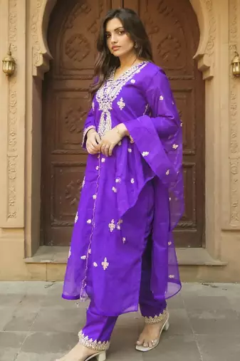 Purple embroidered silk kurta trouser dupatta set
