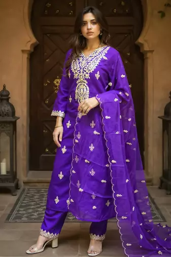 Purple embroidered silk kurta trouser dupatta set