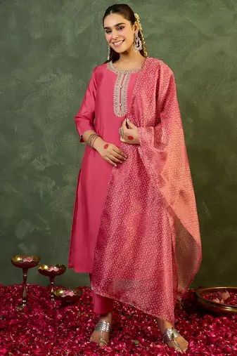 Pink embroidered silk kurta trouser dupatta set