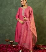 Pink embroidered silk kurta trouser dupatta set