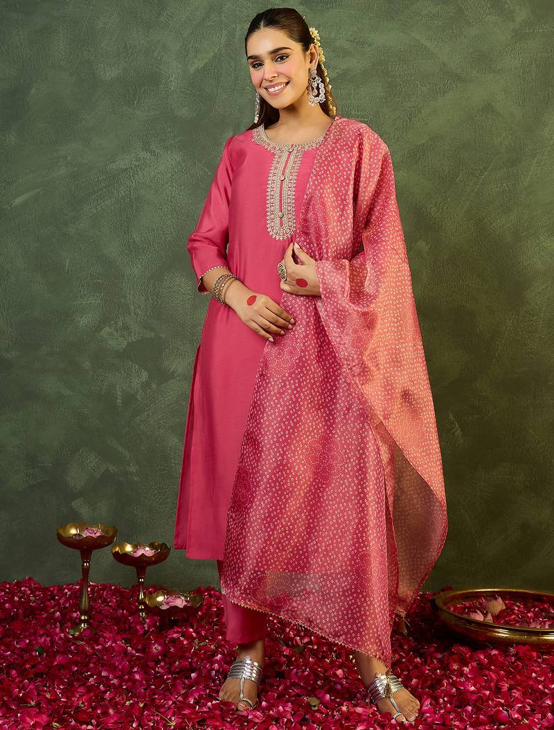 Pink embroidered silk kurta trouser dupatta set