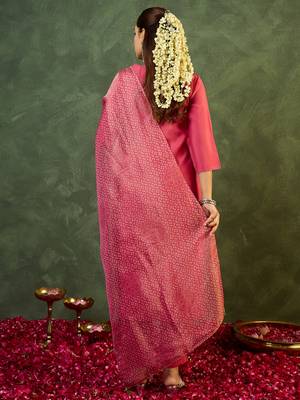 Pink embroidered silk kurta trouser dupatta set 2