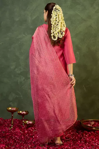 Pink embroidered silk kurta trouser dupatta set