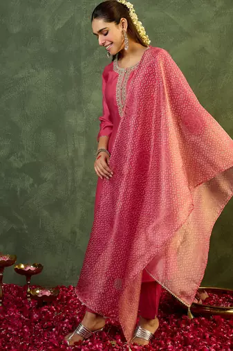 Pink embroidered silk kurta trouser dupatta set