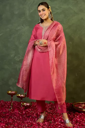 Pink embroidered silk kurta trouser dupatta set