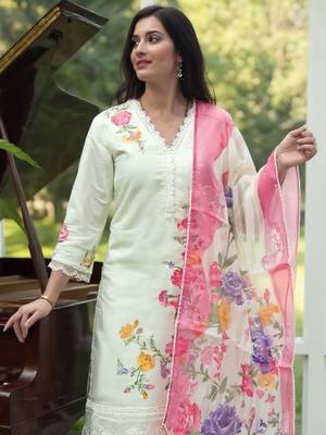 Off white embroidered silk kurta trouser dupatta set 1