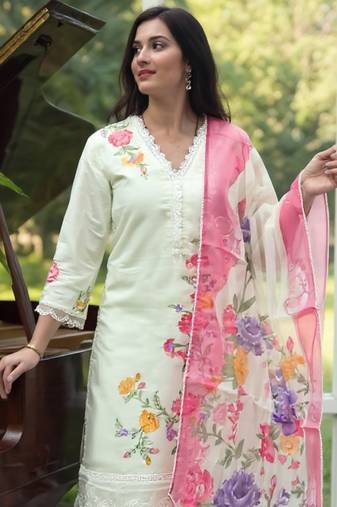 Off white embroidered silk kurta trouser dupatta set