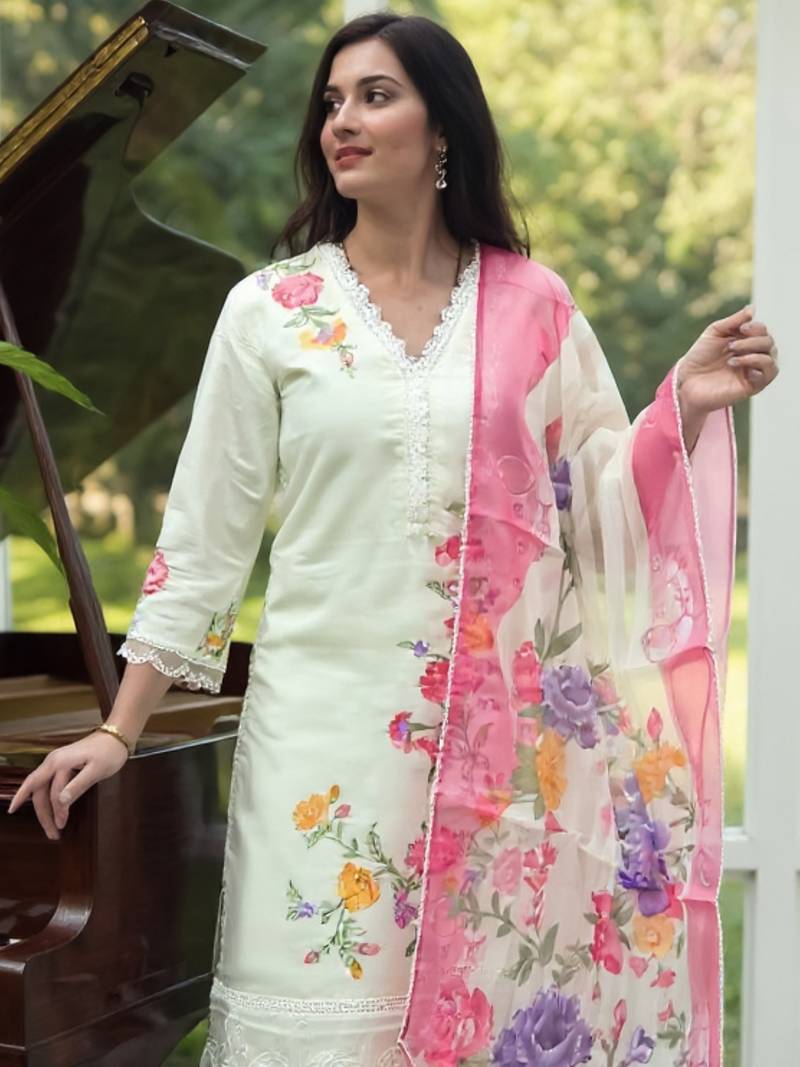 Off white embroidered silk kurta trouser dupatta set