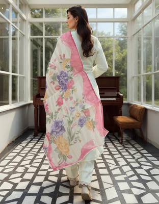 Off white embroidered silk kurta trouser dupatta set 2