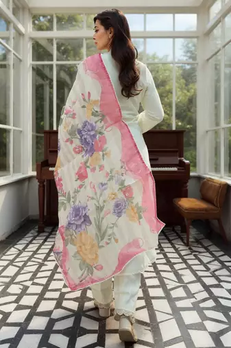 Off white embroidered silk kurta trouser dupatta set