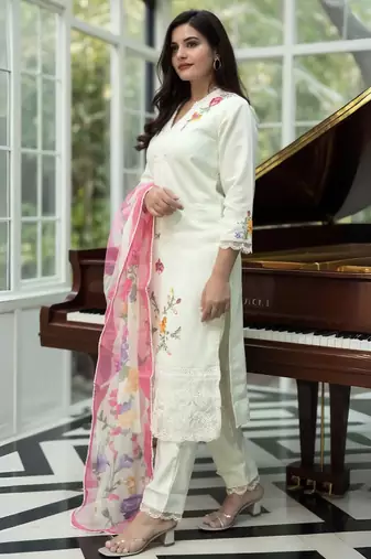Off white embroidered silk kurta trouser dupatta set