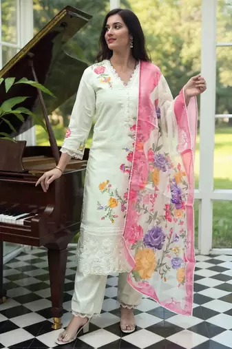 Off white embroidered silk kurta trouser dupatta set