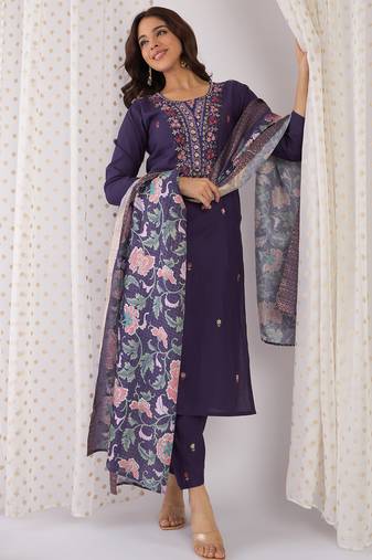 Purple embroidered silk kurta trouser dupatta set