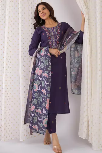 Purple embroidered silk kurta trouser dupatta set