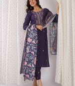 Purple embroidered silk kurta trouser dupatta set