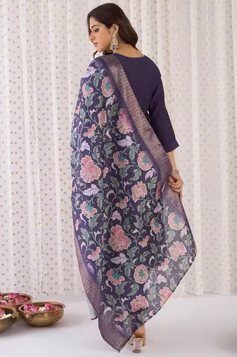 Purple embroidered silk kurta trouser dupatta set