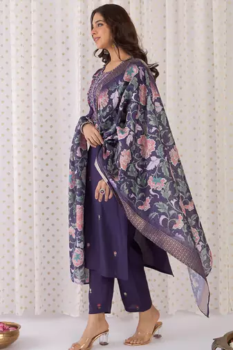 Purple embroidered silk kurta trouser dupatta set