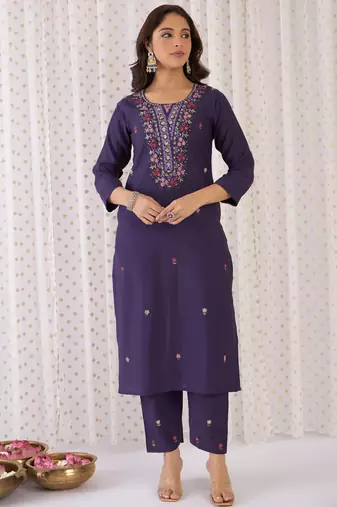 Purple embroidered silk kurta trouser dupatta set