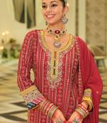 Red embroidered chinon kurta trouser dupatta set