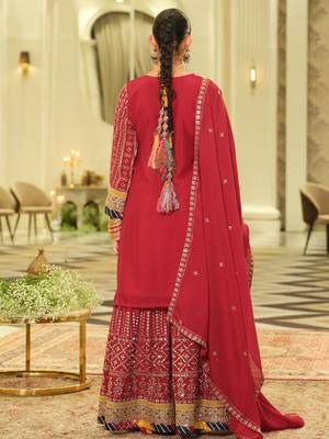 Red embroidered chinon kurta trouser dupatta set 2