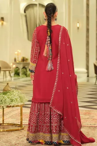 Red embroidered chinon kurta trouser dupatta set
