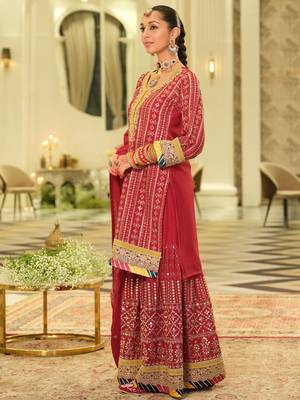 Red embroidered chinon kurta trouser dupatta set 3