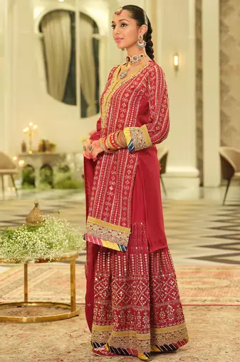 Red embroidered chinon kurta trouser dupatta set
