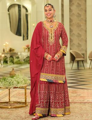 Red embroidered chinon kurta trouser dupatta set 4