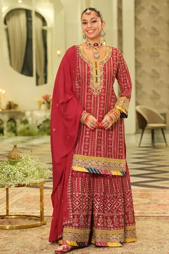 Red embroidered chinon kurta trouser dupatta set