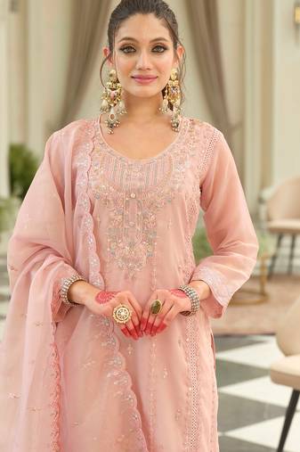 Pink embroidered silk kurta trouser dupatta set