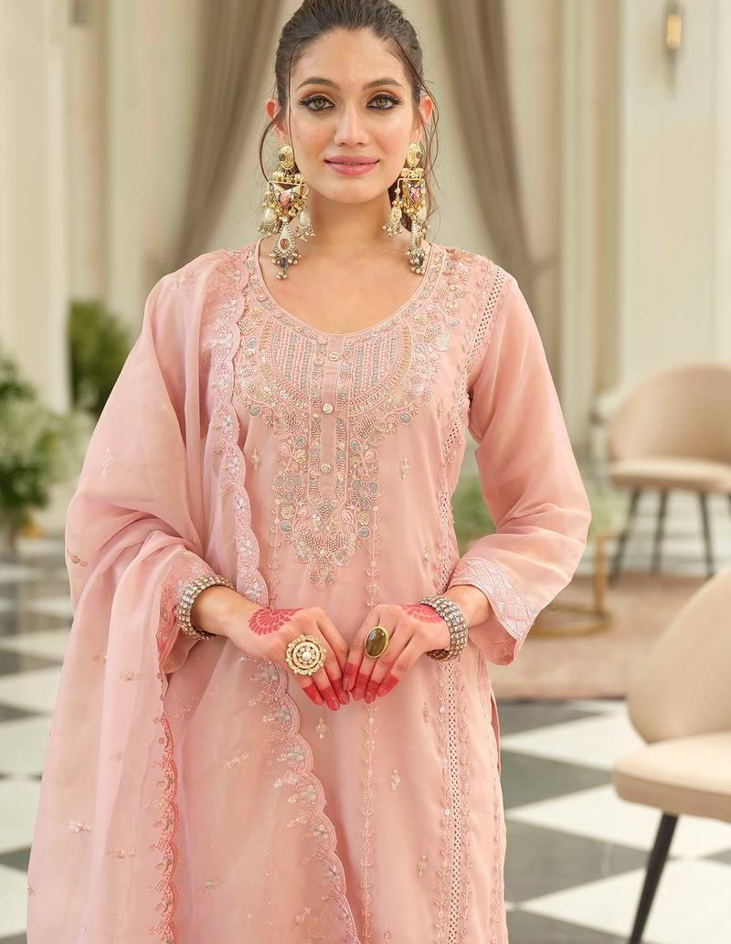 Pink embroidered silk kurta trouser dupatta set