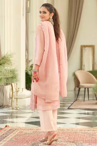 Pink embroidered silk kurta trouser dupatta set