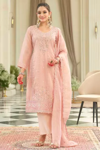 Pink embroidered silk kurta trouser dupatta set
