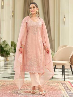 Pink embroidered silk kurta trouser dupatta set 4